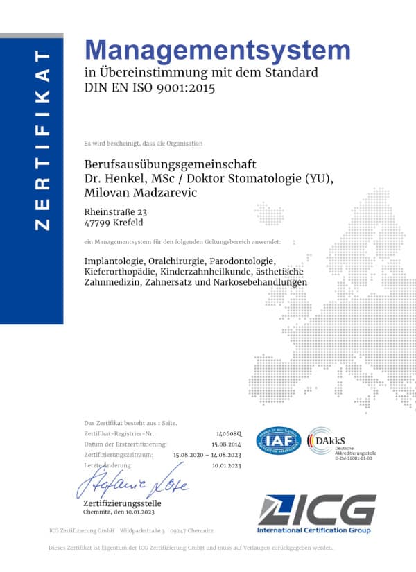 ISO 9001:2015 Zertifikat der KREDENT Praxis